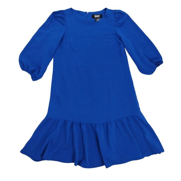 DKNY Girls Ruffled Hem Long-Sleeve Blue Dress With Back Zipper Closure Size 4. - Picture 1 of 9